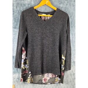Oddy Womens Tunic Top 2XL Gray Floral Contrast Long Sleeve Pullover Runs Small